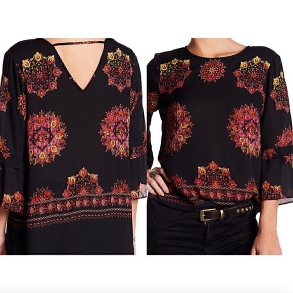 DR2 Tops - DR2 DANIEL RAINN Ruffle Sleeve Bell Sleeve Blouse Black Mandala Boho 3/4 Sleeve